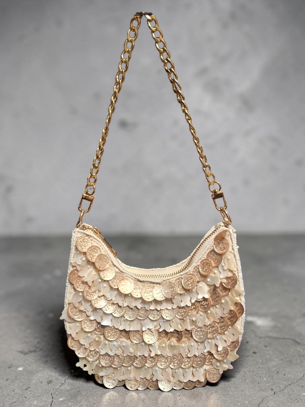 Gold Sequin Coin & Mop Fish-Detail Cream Shoulder Bag